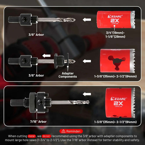 Front view of EZARC 16‑pc bi-metal hole saw kit with arbors, adapters, bits, and red storage case (3/4–2-1/2 in).