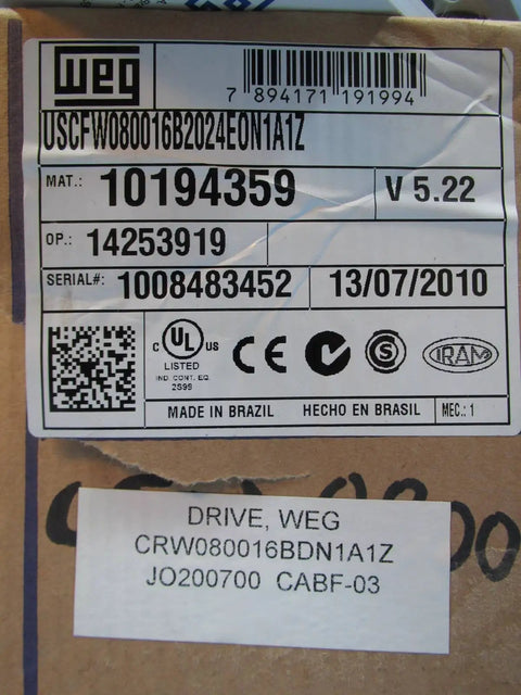 Label showing specifications for Pro Grade 240V Inverter Drive for Motors, NP1337, Version 5.22, with product details and codes
