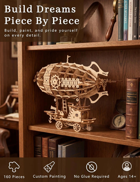 3D Wooden Steampunk Airship Puzzle Kit For Adults, Epic 160 Precision Cut Pieces, assembled on wooden shelf display