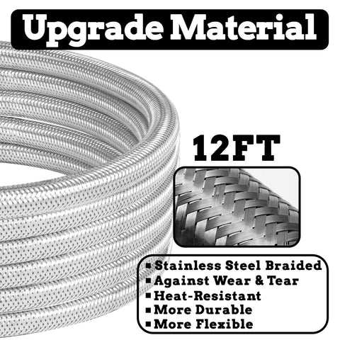 Close-up of 12 Ft Propane Regulator Hose With Gauge Stainless Braided QCC1 Adapter showing upgrade material details