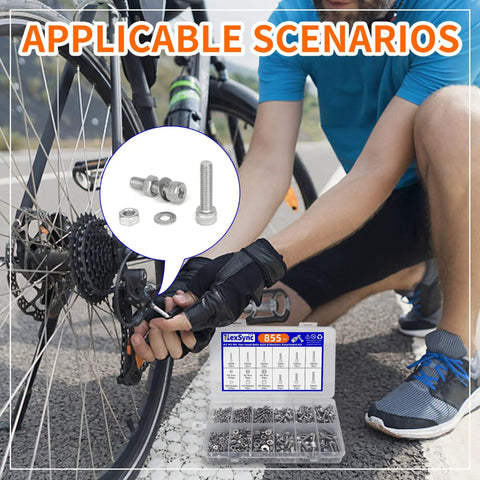 Cyclist repairing bike using 855 Piece Stainless Steel Machine Screws Nuts And Bolts Assortment Kit With Case For DIY Projects M2 M3 M4 Socket Head Cap Screws Washers And Nuts 304 Stainless Steel Rust Resistant Hardware Built For Quick Easy Builds