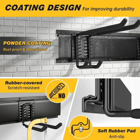 99 Inches Garage Storage Wall Mount Organizer with rust-proof, waterproof, rubber-coated hooks on brick wall