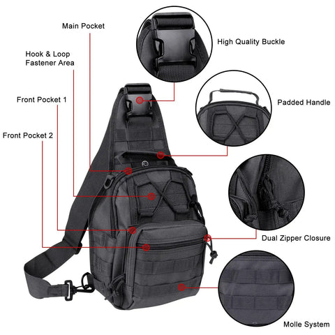 Rugged Waterproof Tactical Backpack With MOLLE Sling Cross Body Chest Bag highlighted features and compartments