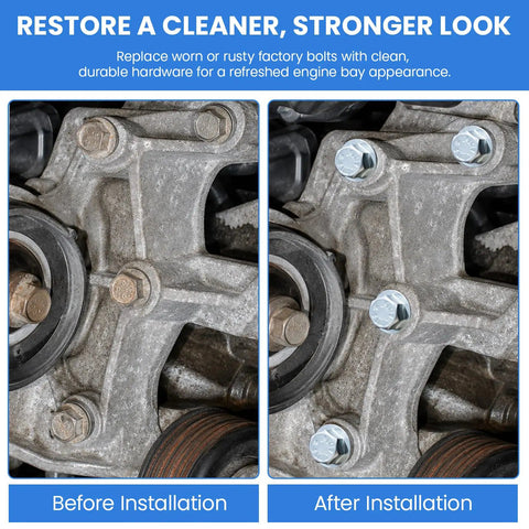 Top Shelf Dacromet Coated Alternator And Power Steering Bracket Bolts Kit Truck Grade Hardware That Handles The Daily Grind Slick Fit For GM LS Engines Fits Silverado Sierra 1500 Every Time; side-by-side comparison of engine bolts before and after installation.