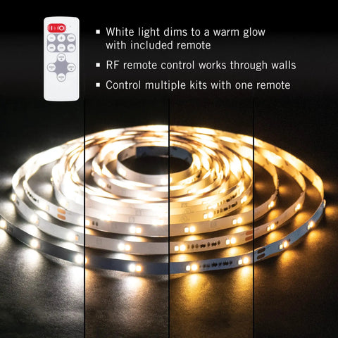 Ribbon Flex LED Tape Light Kit With Remote Dim To Warm 3000K To 1800K 16 Ft Cuttable With Connecting Clips shown with remote