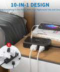 2 Pack 6 Outlet Power Strip with Four USB Ports and Flat Plug on nightstand, charging devices with 5ft extension cord visible