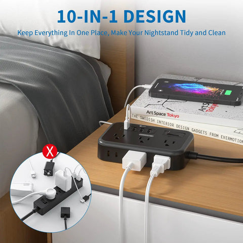 2 Pack 6 Outlet Power Strip with Four USB Ports and Flat Plug on nightstand, charging devices with 5ft extension cord visible