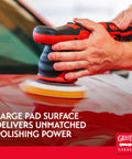 Person using a 6.5 Inch Boss Correcting Foam Pad on a red car for polishing and detailing, showing swirl removal and light scratch repair. Pack of 2 visible.