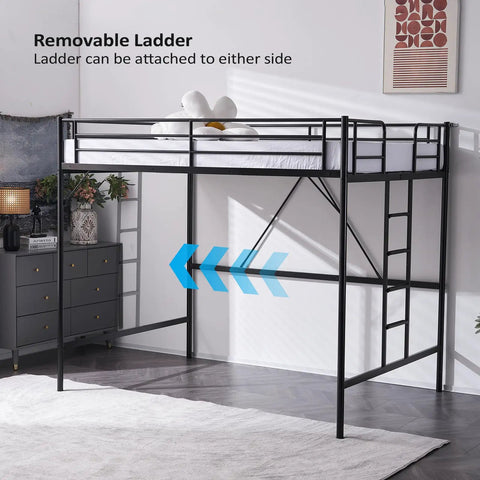 Heavy Duty Full Size Loft Bed With Solid Steel Frame And Flat Rungs For Teens And Adults Built Extra Tough For Years Of Chill Vibes Four Hundred Forty Pound Weight Limit No Box Spring Needed Sleek Black Space Saver with removable ladder.