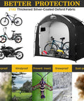 All Weather Outdoor Bike Storage Shed Tent Waterproof Portable Bicycle Cover with bikes and motorcycle inside, 210D fabric display