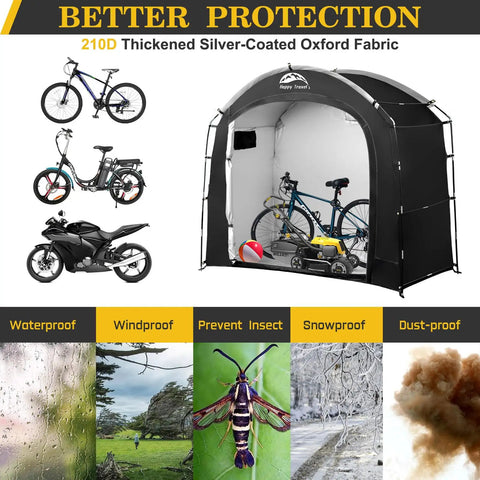 All Weather Outdoor Bike Storage Shed Tent Waterproof Portable Bicycle Cover with bikes and motorcycle inside, 210D fabric display