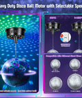 Lit Rotating 6 Inch Mirror Ball Party Light With Motor, 12 RGBW Colors, 4 Light Modes, variable RPM, disco ball motor.