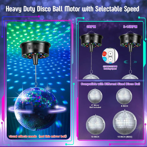 Lit Rotating 6 Inch Mirror Ball Party Light With Motor, 12 RGBW Colors, 4 Light Modes, variable RPM, disco ball motor.