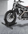 Heavy Duty Motorcycle Front Tire Chock For 15 To 30 Inch Wheels, Adjustable Wheel Stand With 1500 Lbs Capacity in use