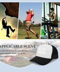 All Day Comfort Mens Breathable Golf Trucker Hat With Front Artwork Adjustable Buckle Cap For Everyday Casual Wear Dope Street Style Sun Protection For All Day Outdoor Use shown with outdoor activities like climbing, golfing, and running.