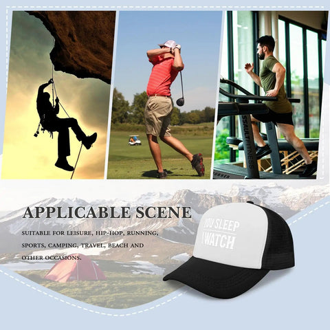 All Day Comfort Mens Breathable Golf Trucker Hat With Front Artwork Adjustable Buckle Cap For Everyday Casual Wear Dope Street Style Sun Protection For All Day Outdoor Use shown with outdoor activities like climbing, golfing, and running.