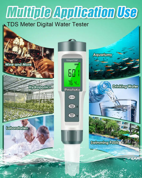Three In One Digital Water Tester That Reads pH TDS And Temperature with display showing readings, surrounded by water applications.