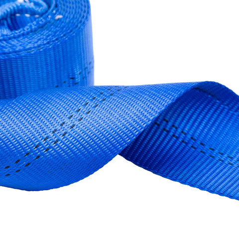 Three Inch Wide 8 Foot Tow And Winch Strap, 30,000 Pound Capacity, Heavy Duty Polyester Webbing With Weatherproof And Waterproof Build, Must Have Gear For Trucks, ATVs, And Heavy Equipment blue polyester tow strap close-up