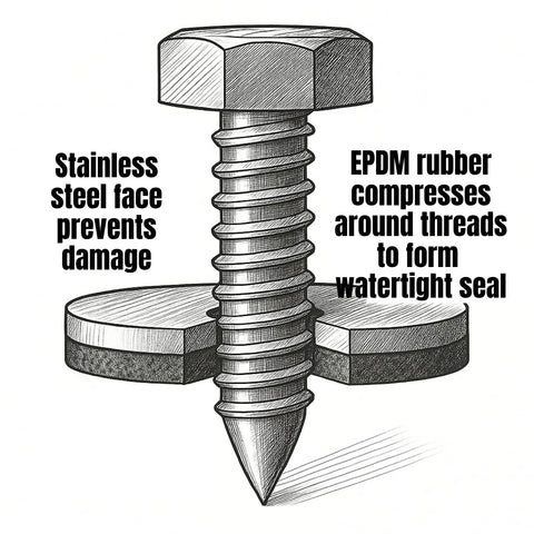 Front view: bonded sealing washers for screws with EPDM rubber on stainless steel backing.