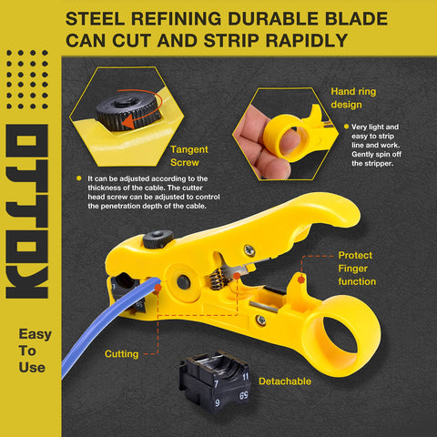 Yellow steel refining blade and hand grip of Coax Cable Crimp Kit With Adjustable Compression Tool For RG6 RG59 RG11 F Connectors