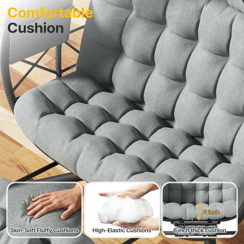 Close-up of grey cushions on Cozy Double Hanging Egg Chair For Two With Adjustable Footrest And Stand, Indoor Outdoor Wicker Swing