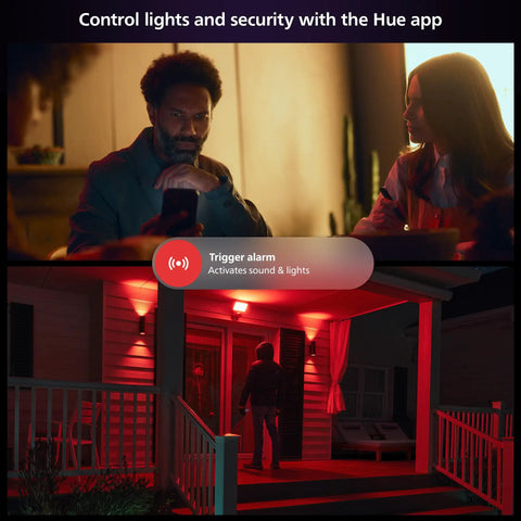 Man using app to control Outdoor White Smart Floodlight With Alexa HomeKit And Google Assistant; porch light activated