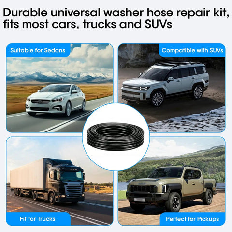 Universal Windshield Washer Hose Repair Kit 13 Ft Flexible Washer Fluid Hose With 12 Connectors shown with cars and trucks