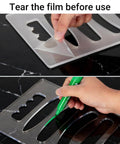 Pro Grade Acrylic Router Templates Set 6 In 1 For Precise Handles, Grooves And Inlays, showing film being removed and use with a router.