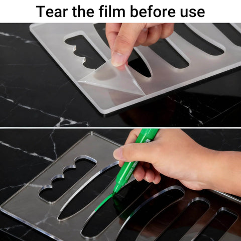 Pro Grade Acrylic Router Templates Set 6 In 1 For Precise Handles, Grooves And Inlays, showing film being removed and use with a router.