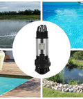 Heavy Duty Submersible Sump Pump With Rock Solid Stainless Steel Body Delivering Three Quarter HP Of High Octane Flow Up To 4755 GPH Of Clean Water Transfer Using Automatic Shutoffs For No Nonsense Basement Drainage Daily, displayed with water features.