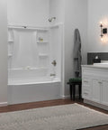 Modern bathroom with brushed nickel single hole faucet and white vanity, suitable for easy install 4 inch 3 hole config.