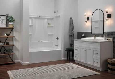 Modern bathroom with brushed nickel single hole faucet and white vanity, suitable for easy install 4 inch 3 hole config.
