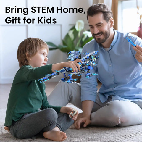 Dragon Building Kit With Remote Control For Kids 8-12 Hands On STEM Toy That Sparks Imagination Build Code And Play With A Dope Flying Dragon Ideal Gift For Birthday Or Holiday. Father and child with blue dragon STEM kit