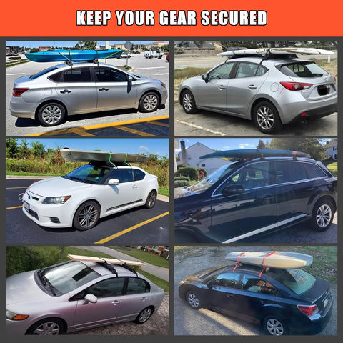 Universal Car Roof Rack Pads For Kayak Surfboard SUP Canoe with Heavy Duty Straps on various cars in different settings
