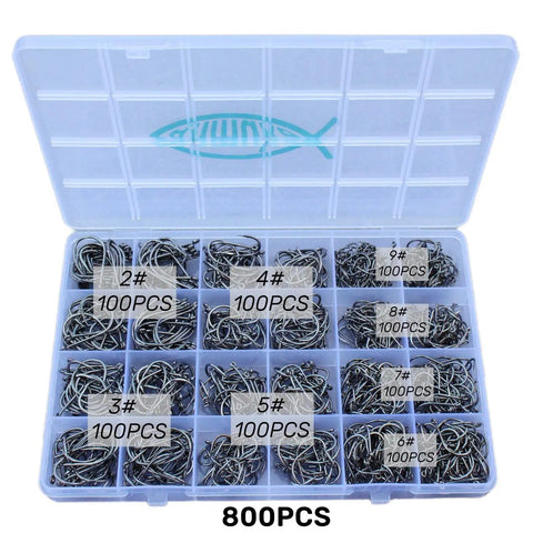 Bulk Fishing Hooks Set 800 Pieces Eight Sizes 9 To 2 For Freshwater And Saltwater Catfish Worm Fishing Gear In A Handy Compartment Box