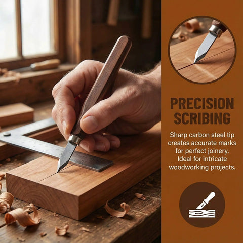 Hand using Top Shelf 2 Pack High Carbon Steel Woodworking Marking Knife on wood with precise markings for woodworking.