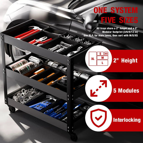 Tool cart showing 48 Piece Tool Box Organizer Tray Set With 5 Sizes, Drawer Dividers And Non Slip EVA Pads in workshop.