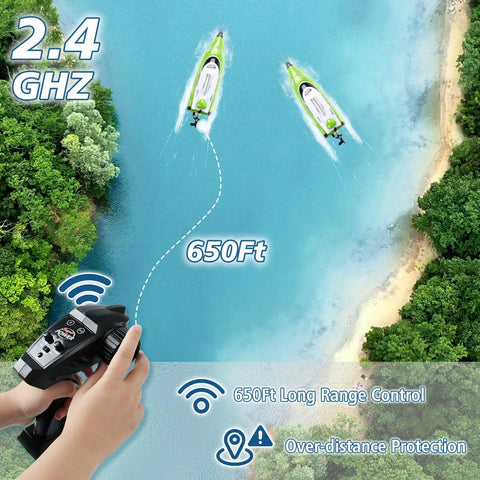 High Speed Remote Control Boat For Adults And Kids Aged Eight To Thirteen 35 Plus KPH With 180 Degree Flip showing long-range control