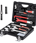 18 Piece Bike Repair Tool Kit Set With Torque Wrench For Mountain And Road Bikes A Must Have For Quick Maintenance Includes Chain Rivet Extractor Pedal Wrench 15mm Spanner Hex Keys Screwdrivers And Half Inch Drive Adapter in open black case