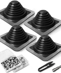 Heavy Duty EPDM Flexible Roof Vent Flashing Boots Kit Zero Hassle Seal For Pipes Quarter To Five Inches, four black rubber boots and fasteners.