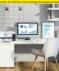 EcoTank Wireless Color All In One Printer With Scanner And Copier, Fax, Ethernet, Supertank System on a white office desk