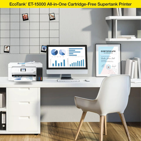 EcoTank Wireless Color All In One Printer With Scanner And Copier, Fax, Ethernet, Supertank System on a white office desk