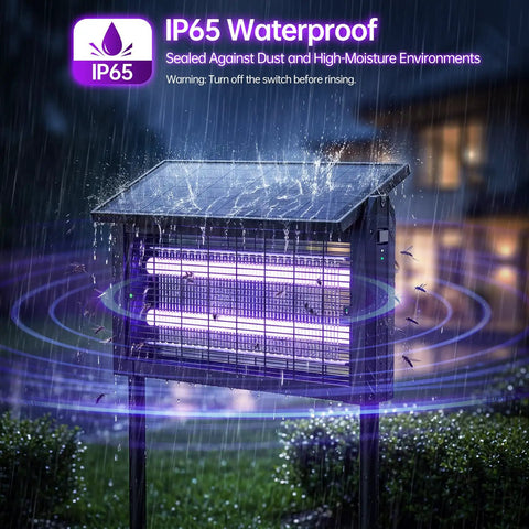 Rechargeable Solar Powered Mosquito Zapper With 4500V High Voltage showing waterproof feature in outdoor setting