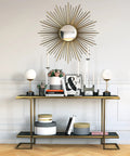 Elegant console table with brass decor, featuring two 18 Inch Tall Table Lamps With Glass Shade In Brass Black Marble And White Milk Glass For Home Office