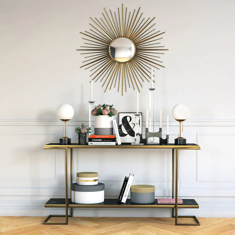 Elegant console table with brass decor, featuring two 18 Inch Tall Table Lamps With Glass Shade In Brass Black Marble And White Milk Glass For Home Office