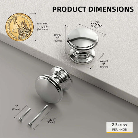 10 Pack Chrome Cabinet Knobs Solid Zinc Alloy Hardware With Polished Chrome Finish For Cabinets, Modern Drawer Knobs dimensions