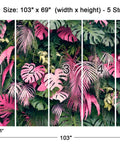 Five panel wall mural showcasing Monstera and banana leaves, 103x69 inches, numbered for easy assembly, without peel and stick.