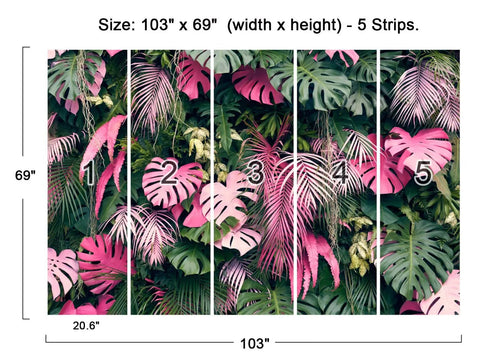 Five panel wall mural showcasing Monstera and banana leaves, 103x69 inches, numbered for easy assembly, without peel and stick.