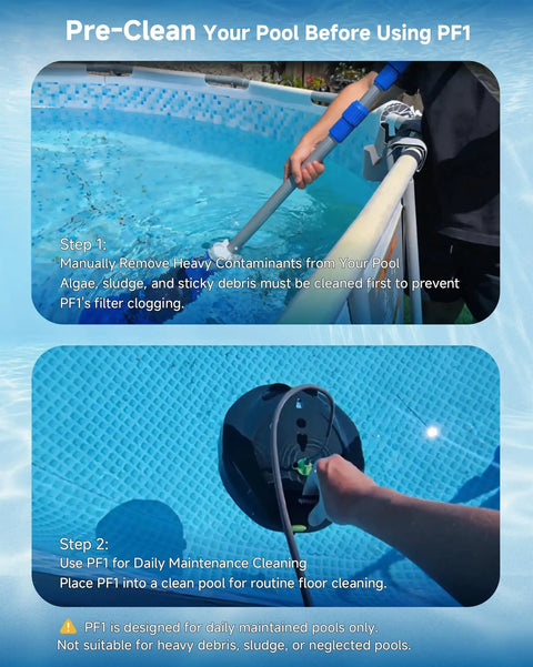 Person preparing Cordless Pool Vacuum Robot For Daily Pool Maintenance for flat-bottom pool cleaning.