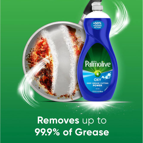 Heavy Duty Dish Soap With Oxy Power Degreaser For Grease And Coffee Stains, Phosphate Free Kitchen Cleaner, 32.5 Fl Oz bottle next to greasy pan